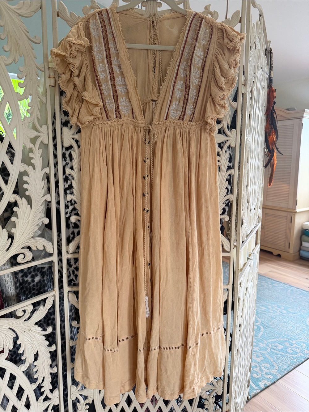 Free People Tan Ruffled Lace-Trim Midi Dress